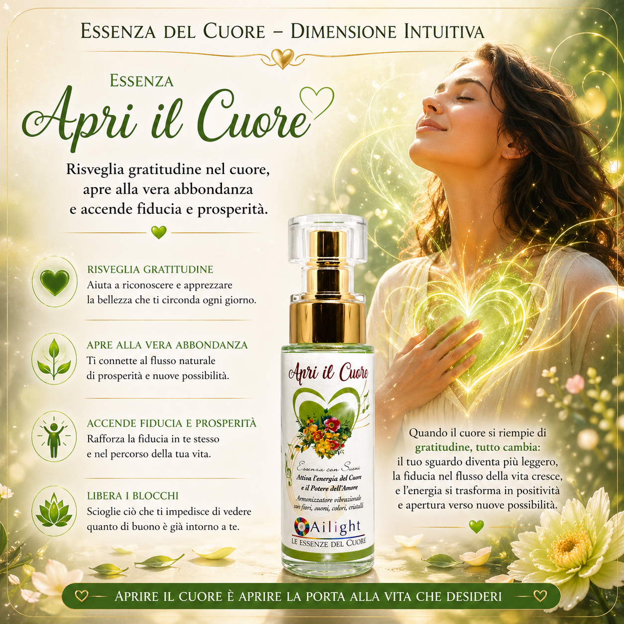 Essenza Apri il Cuore - Risveglia gratitudine nel cuore, apre alla vera abbondanza e accende fiducia e prosperità.