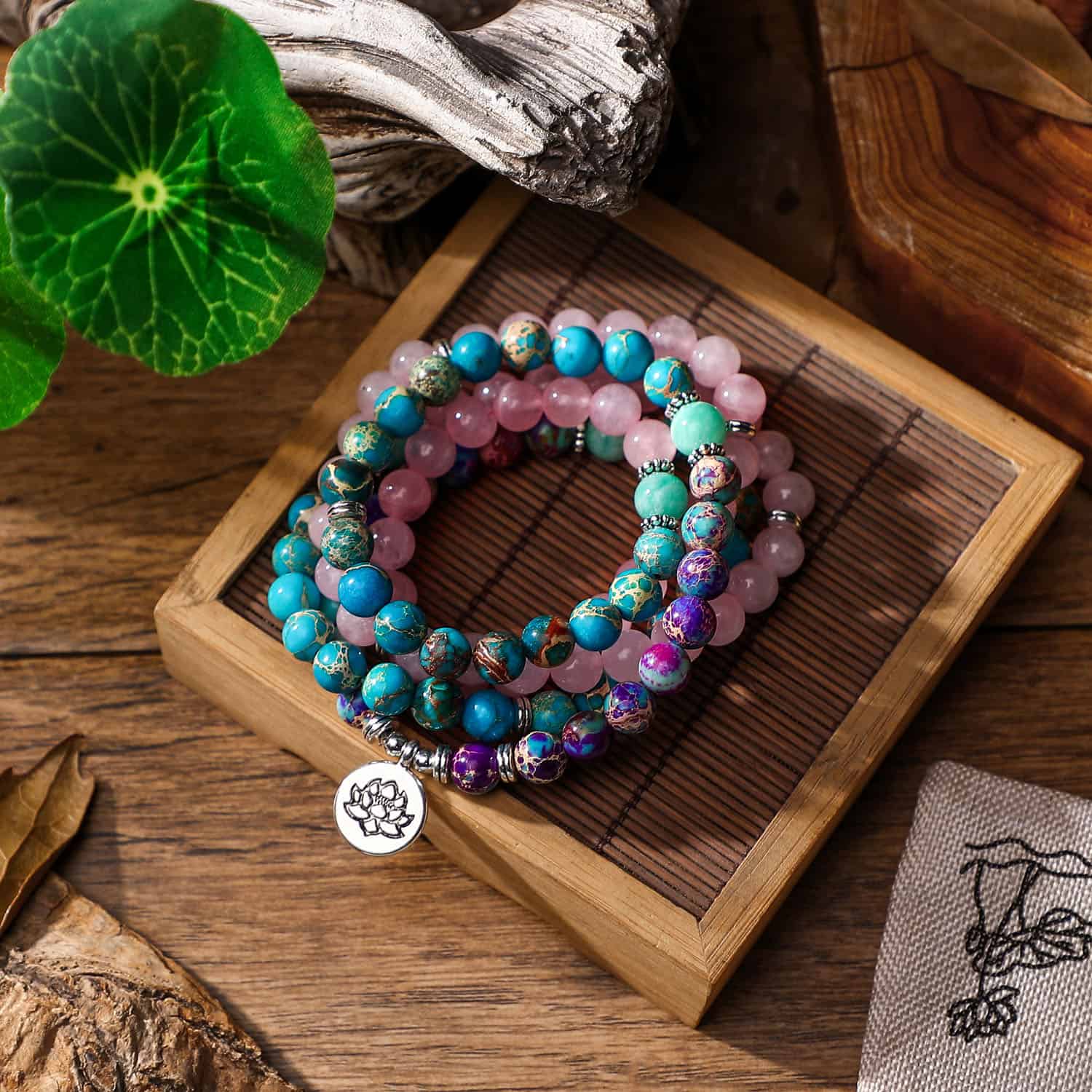 Japamala necklace and bracelet – Pink Jasper and Turquoise, Indigo with Tree of Life